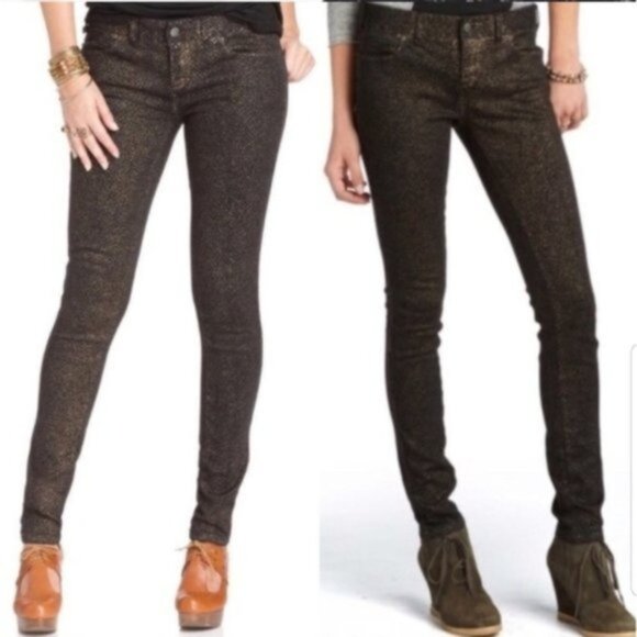 Free People Gold Leopard Print Jeans Y2K Denim Black Cheetah size 25 Stretch - Picture 3 of 13